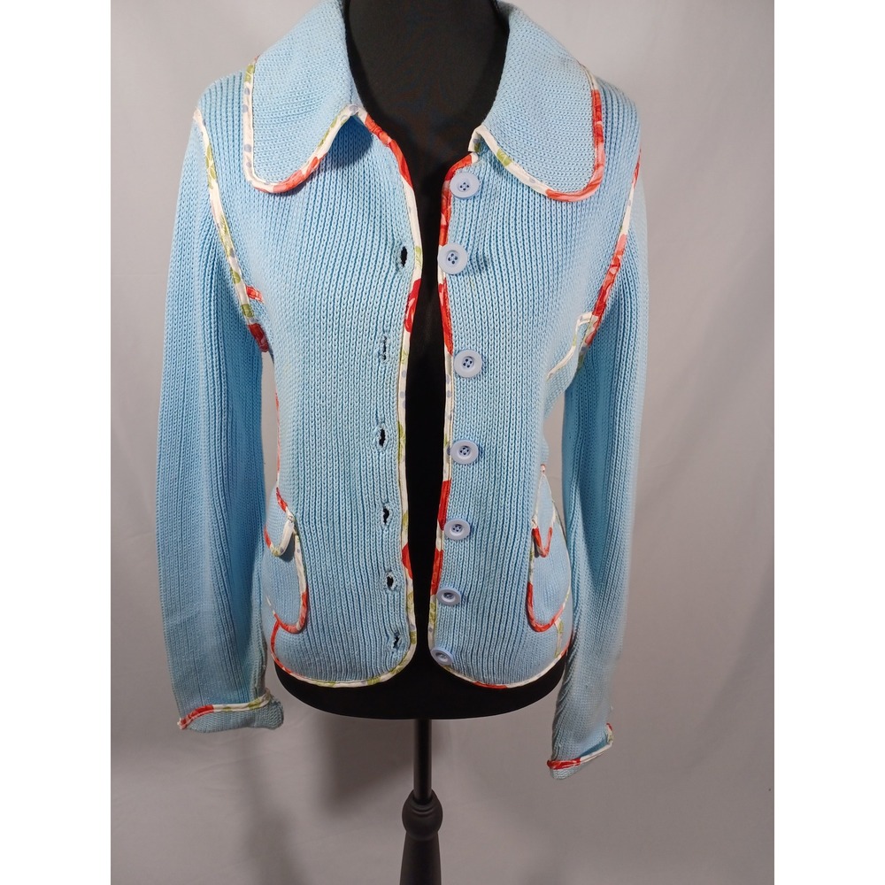 White + Warren Blue Knit Cardigan Sweater Jacket Floral Trim Pockets Women's M